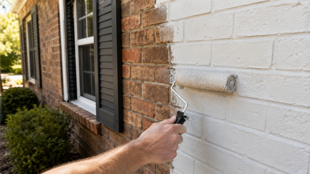 Painter arm in the middle of painting a brick house