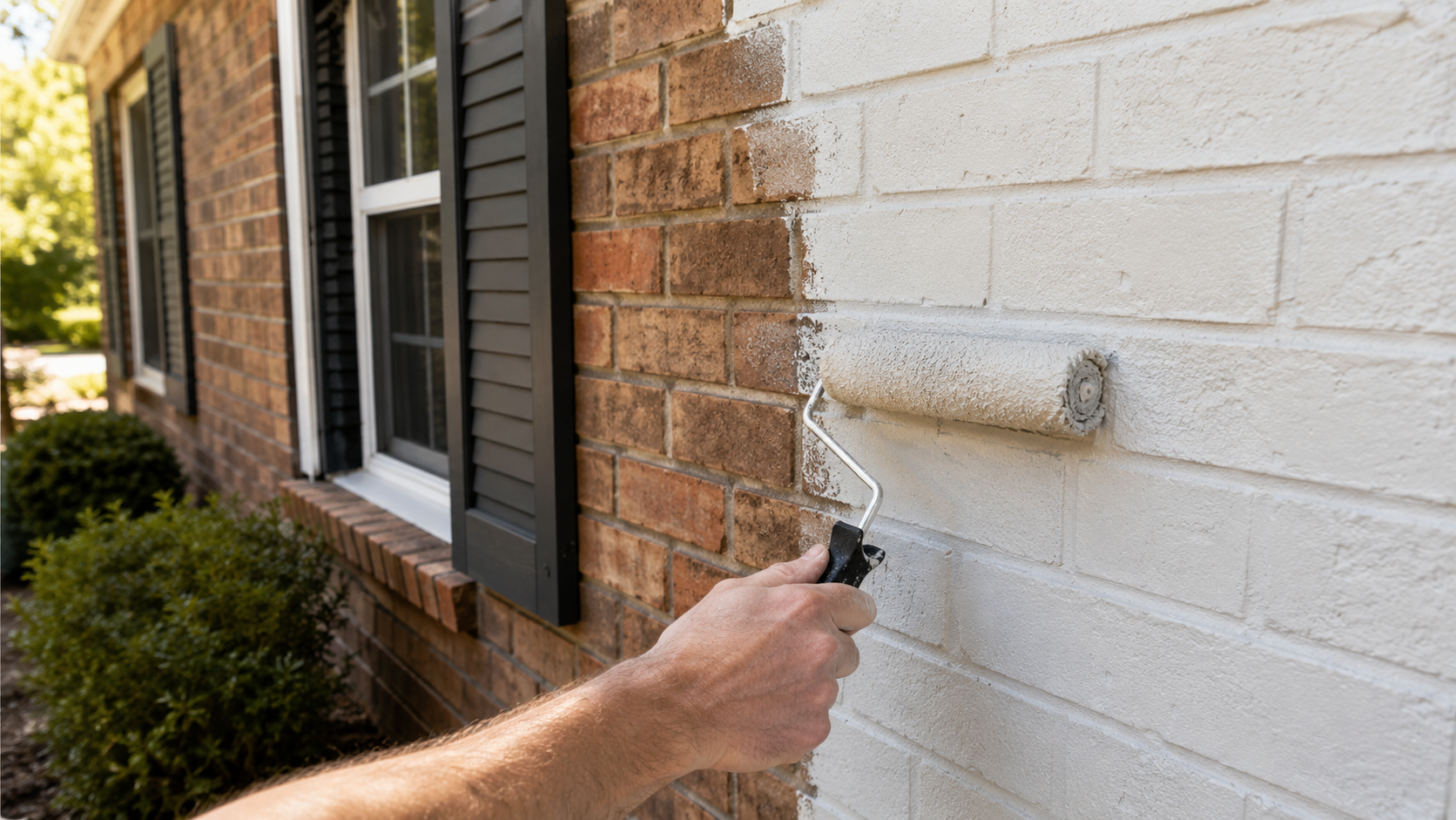 Painter arm in the middle of painting a brick house